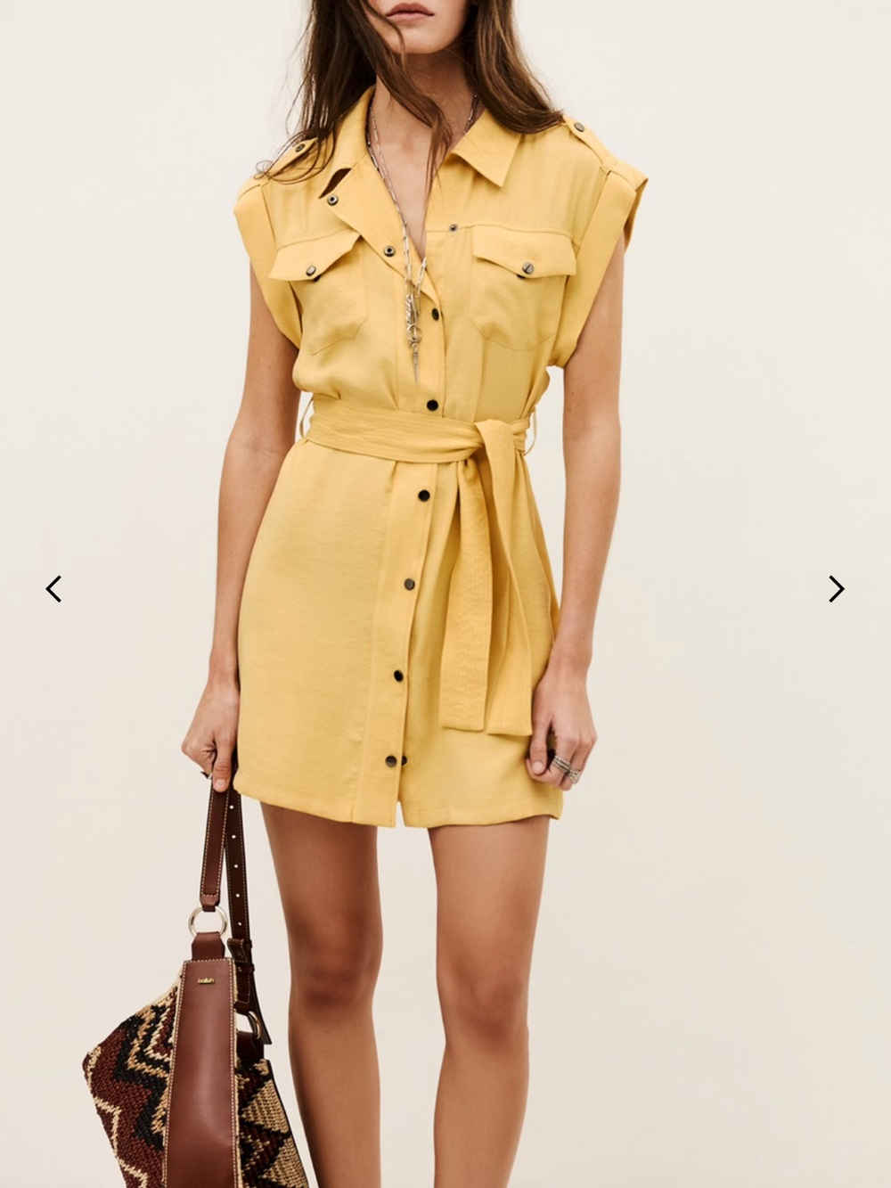 ba&sh Yellow Sleeveless Button-Front Mini Dress with Tie Belt